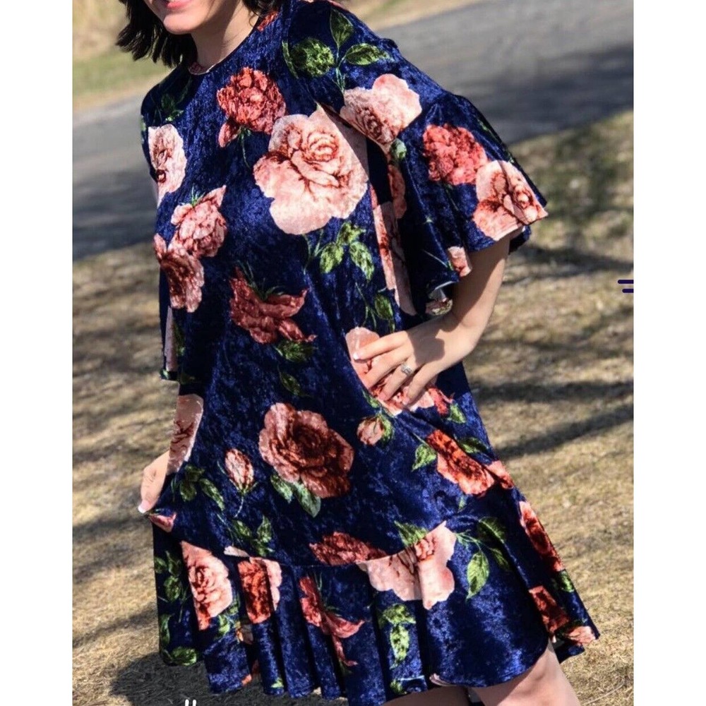 NEW Lularoe Maurine Dress Velvet Velour Ruffle Bell Sleeve Midi Blue Floral XXS
